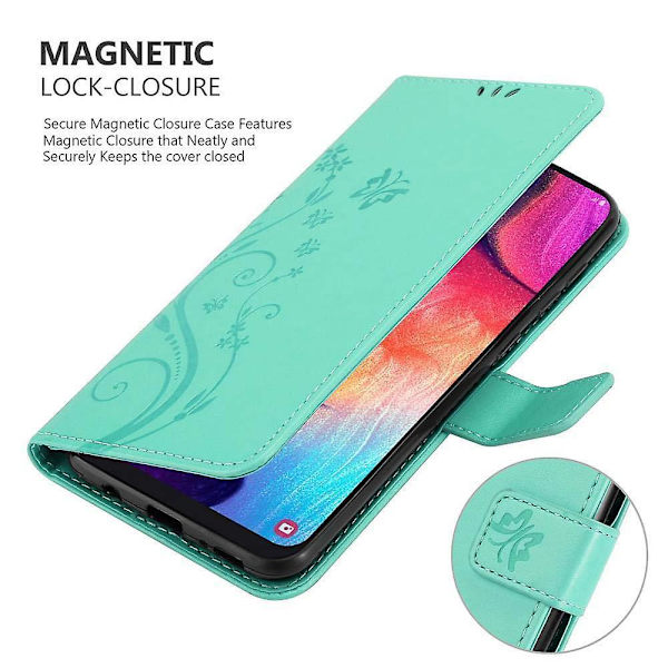 Samsung Galaxy A50 4G / A50s / A30s Cover Case Case - med blommönster och stativfunktion och kortplats FLORAL TURQUOISE Galaxy A50 4G / A50s / A30s