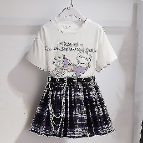 Sanrios Cartoon Kawaii Flickor Vit T-shirt Kostym Kuromi Söt Sommar Kortärmad College Jk Uniform Kjol Barn Fashionabla Kjol