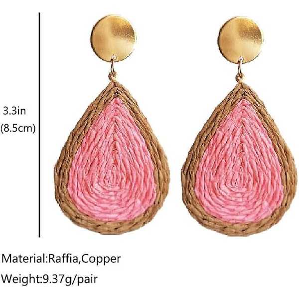 Bohemian Woven Straw Wicker Raffia Rotting Dingle Örhängen Geometriska Circle Round Drop Earrings pink teardrop