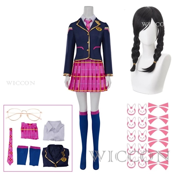 Song Hana Cosplay Anime Kostym Skolflicka D.va JK Uniform Topprock Kjolar Kostym Halloween Dva 3:e Part Outfit för Kvinnor M costume wig sticker