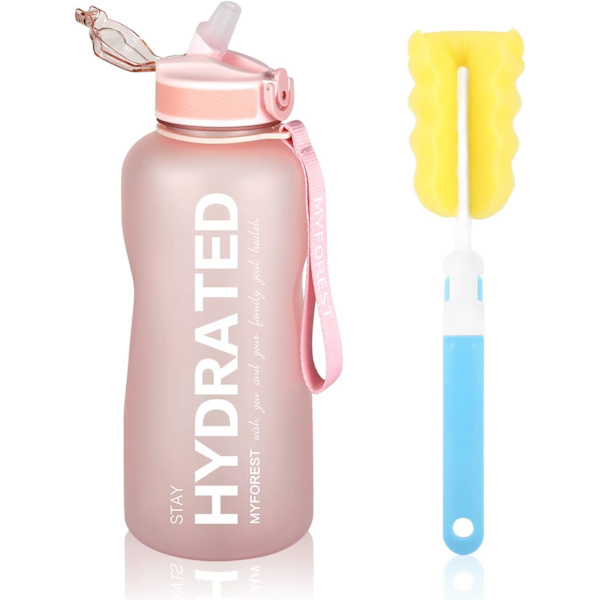 2,2-liters vattenflaska, BPA-fri, 2,2 l, drickflaska med sugrör och tidsmarkeringar, 2 200 ml, gymnastikflaska för sport, cykling, yoga, v Frostad rosa N