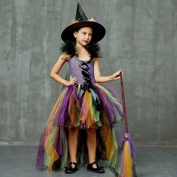 2-12 år Barn Flickor Häxa Cosplay Kostym/kvast Halloween Klänning + Hatt Set Tmall 8-9 Years Broom