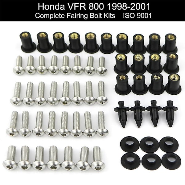 Passar för Honda Vfr800 1998-2001 Vfr 800 Motorcykeltillbehör Komplett komplett kåpa bultar Kit Rostfritt stål kåpa Clips Muttrar Silver