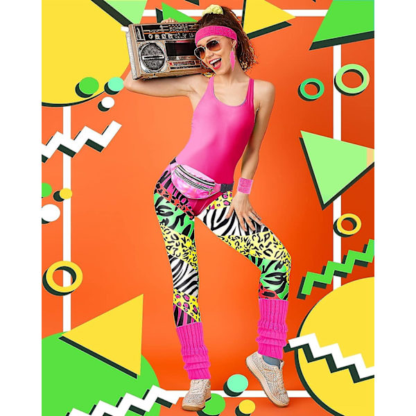 7 st 80-tals träningskostym 80- set 80-tals 90-tals Leotard Legging Pannband Armband Benvärmare Örhängen Fanny Pack Zebra Print Medium