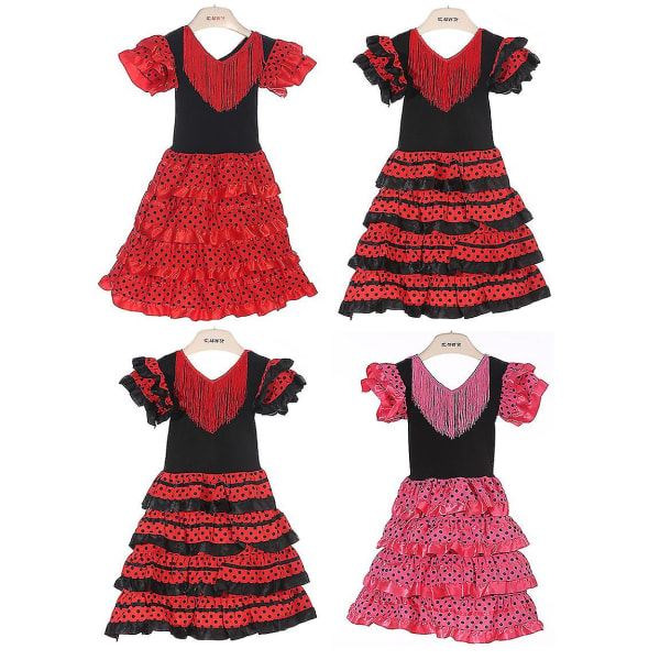 Tjejklänning Vacker spansk flamencodansarkostym Barns april Sevilla Föreställningar Dansoutfit XL(10-12 Y) Red Black Frills