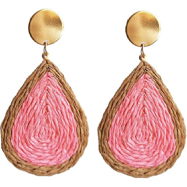 Bohemian Woven Straw Wicker Raffia Rotting Dingle Örhängen Geometriska Circle Round Drop Earrings pink teardrop