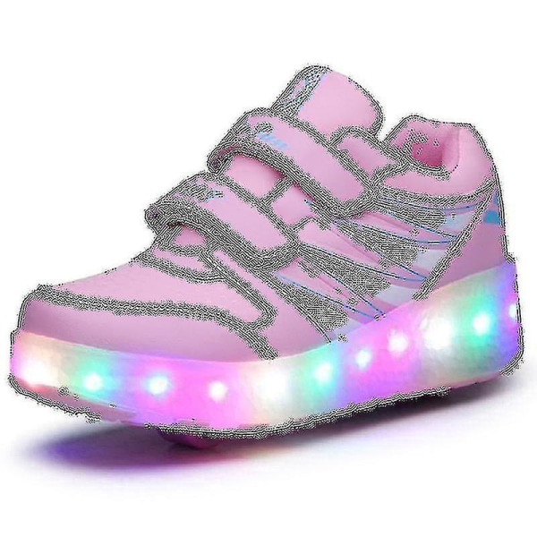 2022 Nya Led Light Up Roller Shoes Double Wheel USB Uppladdningsbara skridskoskor Pink 27