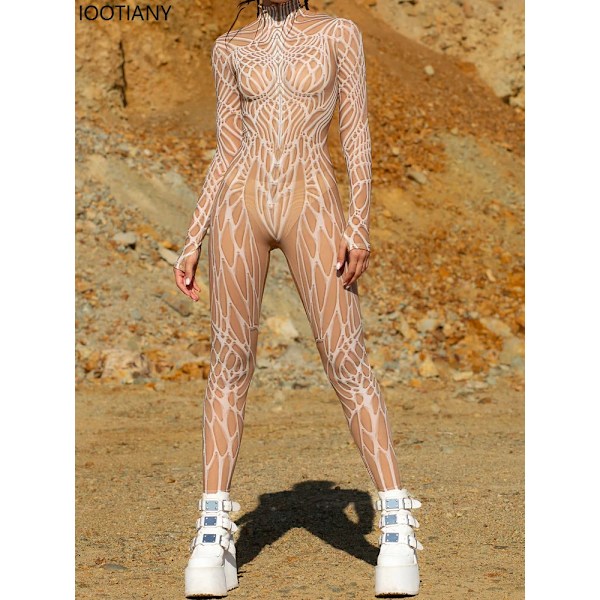 Kvinnor Röd Phantom Mesh Jumpsuit Trä Skal Mesh Bodysuit Halloween Zentai Suit Utomhus Äventyr Tema Fest Catsuit Rave Outfit XXXL 831-C