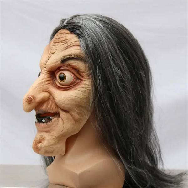 Läskig Gammal Häxmask Latex med Hår Halloween Maskeradklädsel Grimas Party Kostym Cosplay Masker Rekvisita Vuxen One size A3