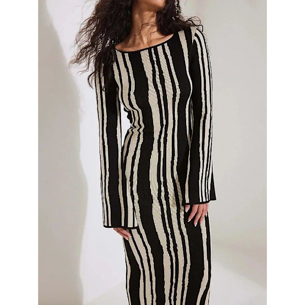 Sommar Kvinna Randig Stickad Maxi Kläder Elegant O-ring Flare Långärmad Bodycon Kläder Dam Mode Streetwear Party Kläder Black 01 S