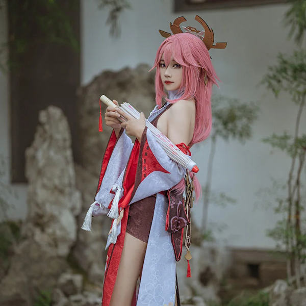 Yae Miko Cosplay Anime Genshin Impact Yae Miko Guuji Yae Cosplay Kostym Peruk Klänning Festkläder Halloween Kostymer För Kvinnor XXL Wig only
