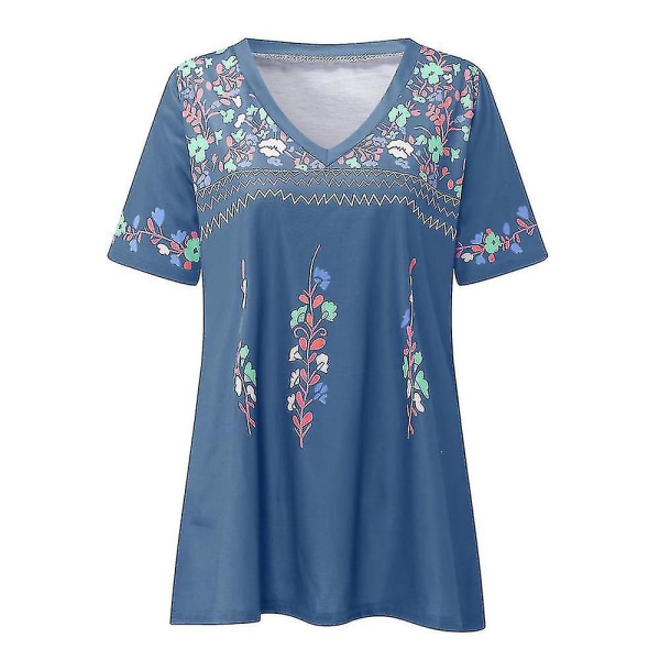 Kvinnor Boho blommig kortärmad V-ringad T-shirt Casual Tops Tee Blue 3XL