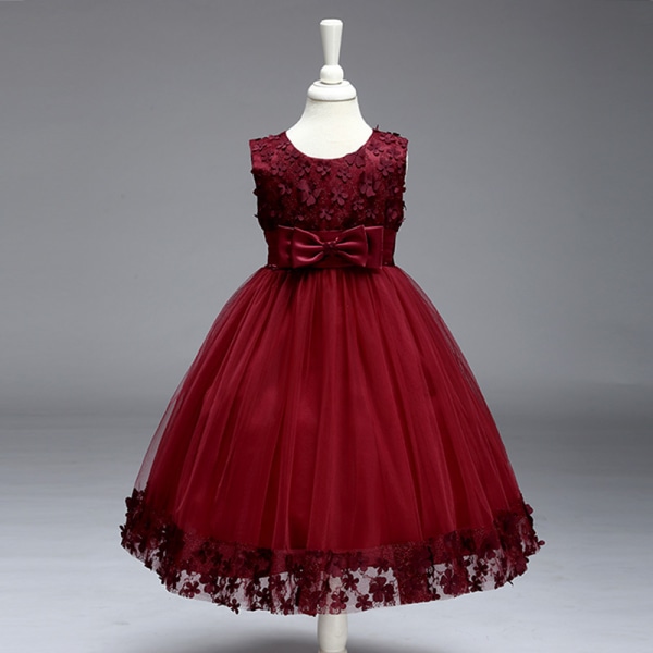 Barnkläder Flickor Bowknot Princess Dress Paljett Bröllopsklänning Claret 3/90cm