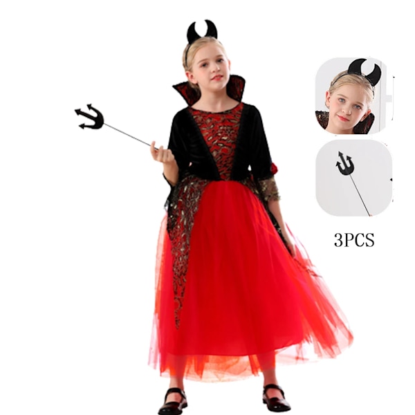 Flickfladdermus Halloween-klänning för barn, spökbrud, gotisk cosplay, vampyrkostym, greve Vampiran, karnevaloutfit, svart röd klädsel Dress Set 15 M (4-5Y)