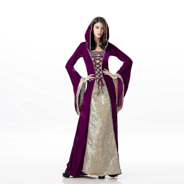 2023 Ny renässansdräkt Kvinnor Sammet Irländsk Klänning Medeltida Häxdräkt Victorian Faire Kostymer Purple XL