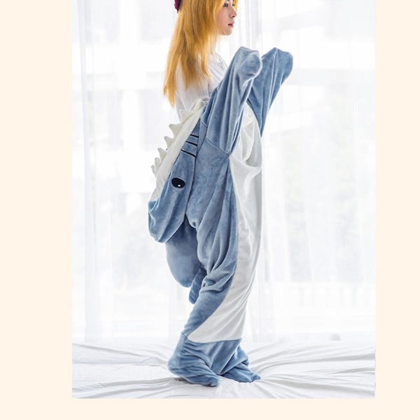 Shark Blanket Hoodie Vuxen-Bärbar filt-Supermjuk och bekväm flanell Hoodie Shark Sleeping gray blue 170cm