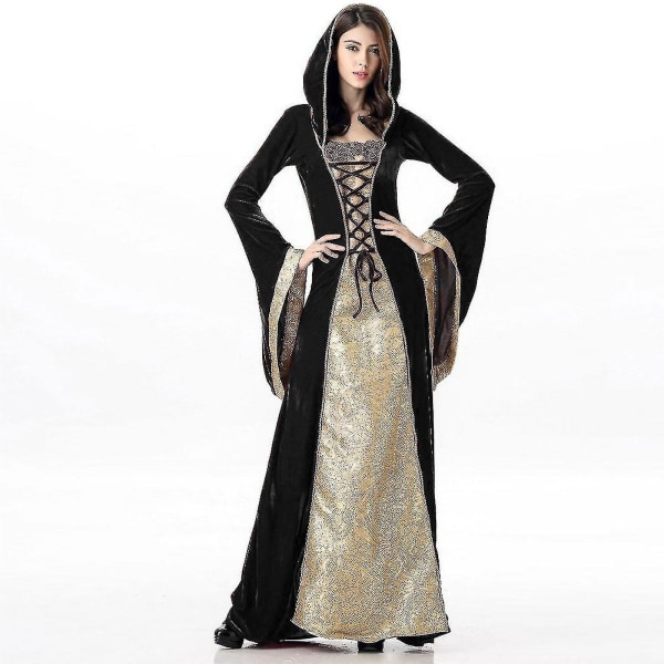 2023 Ny renässansdräkt Kvinnor Sammet Irländsk Klänning Medeltida Häxdräkt Victorian Faire Kostymer Black 2XL