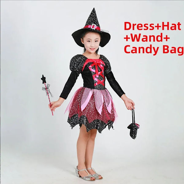 Barn Häxa Kostym Flickor Saga Trollkarl Klänning Barn Halloween Pumpa Kläder Baby Fladdermus Spindel Fest Cosplay Outfit 2-15T DV16H0 3-4 Years