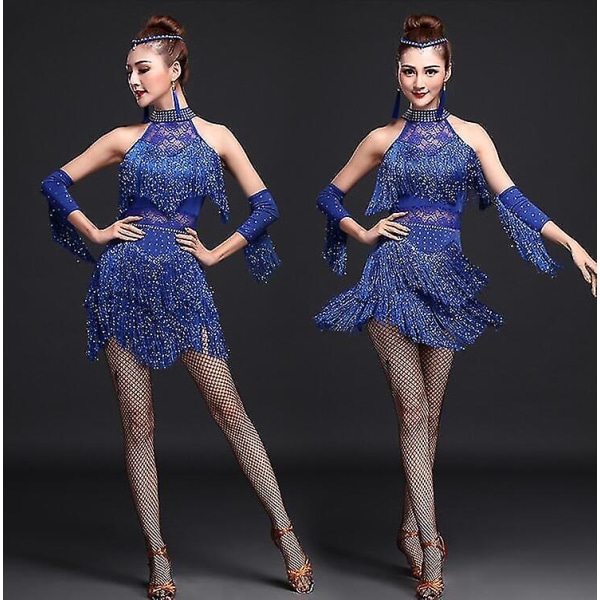 Nya latinska dansdräkter Dam Salsa Danskläder Dansdräkt Klänningar Ballroom Tävlingsklänningar Tango Vuxen Fringe Guld Paljett Black L