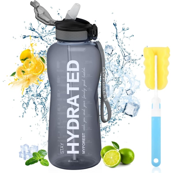 2,2-liters vattenflaska, BPA-fri, 2,2 l, drickflaska med sugrör och tidsmarkeringar, 2 200 ml, gymnastikflaska för sport, cykling, yoga, v GRÅ