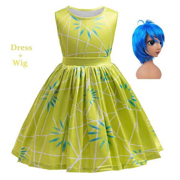 Disney Inside Out Joy Disgust Cosplay Kostym Prinsessklänning+Peruk För Barn Flickor Halloween Karneval Födelsedag Lycka Klä Ut Joy Style C 130 (5-6T)