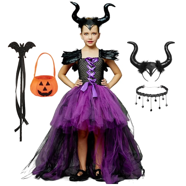 Maleficent Halloween Barnkostym Tulleklänning Flickor Cosplay Vestidos Festlig Ond Drottning Mesh Prinsessklänning Barn Kråka Trollstav 4 pcs Set B XXL(10-12T)