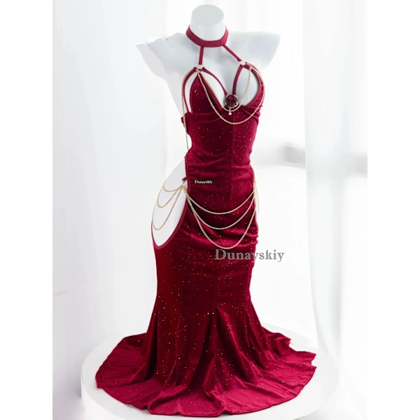 Overlord Albedo Cosplay Anime Kostymer Handskar Klänning Inslagen Höft Öppen Gren Fiskstjärt Kjol Svart Sjöjungfru Halloween Flickdräkt One Size (90-140g) Dress Chain Red