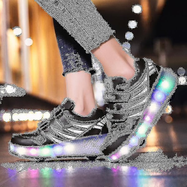 Baiming2022 Nya Led Light Up Roller Shoes Double Wheel USB Uppladdningsbara skridskoskor Black 32