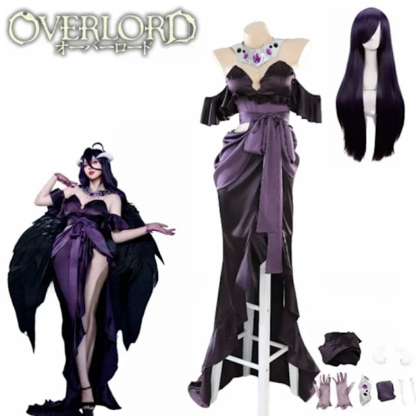 Anime Overlord Säsong 4 Albedo Cosplay Kostym Albedo Kvällsklänning Svart Sexig Klänning Peruk Halloween Uniform Juldräkt XL Full Set