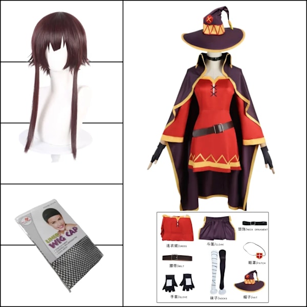 Anime Megumin Cosplay Kostym Kvinnor Trollkarl Klänning Outfits Megumin Cos Peruk Halloween Cos Kostymer XXXL A3 Costume Wig