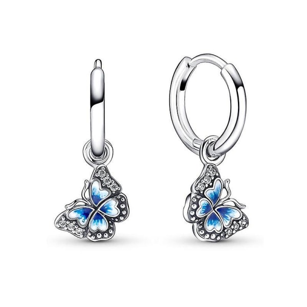 Blue Butterfly Dangle Hoop Örhängen, One Size, Sterling Silver, Cubic Zirconia