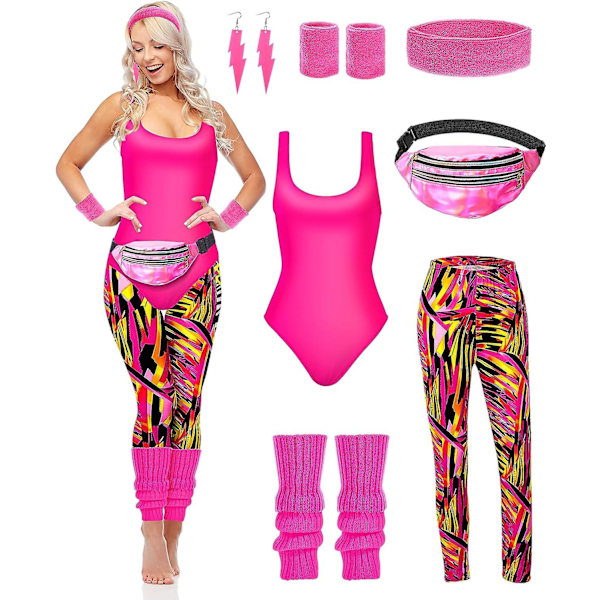 7 st 80-tals träningskostym 80- set 80-tals 90-tals Leotard Legging Pannband Armband Benvärmare Örhängen Fanny Pack Geometric Lines X-Large