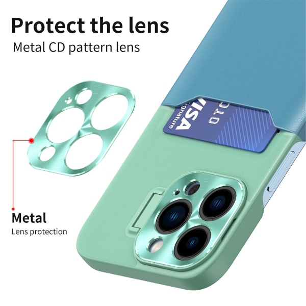 Läderkamera Case För Iphone 15 Pro Max Med Kortplats Stativhållare Green Blue