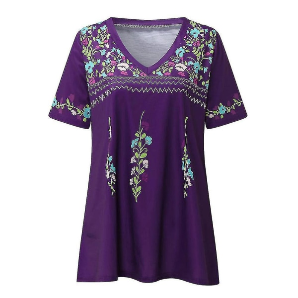 Kvinnor Boho blommig kortärmad V-ringad T-shirt Casual Tops Tee Purple L