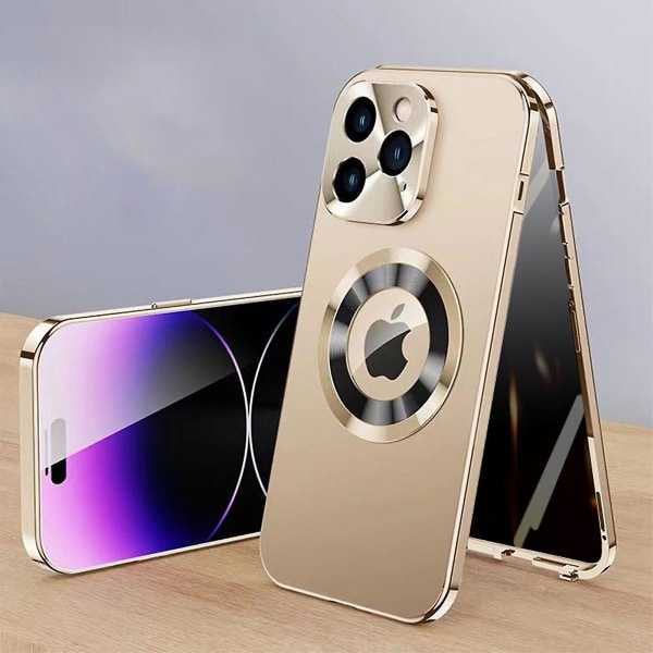 Metal Magsafe Magnetic Privacy Case Kompatibel med Iphone 15 Pro Max, Logo View Lens Protector Case i härdat glas Gold For iPhone 15 Pro Max