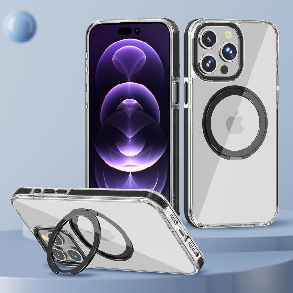 Magnetisk genomskinligt case kompatibelt Iphone 15 Pro med Magsafe stativ Ringhållare Stötsäkert för Iphone 15 Pro case Black