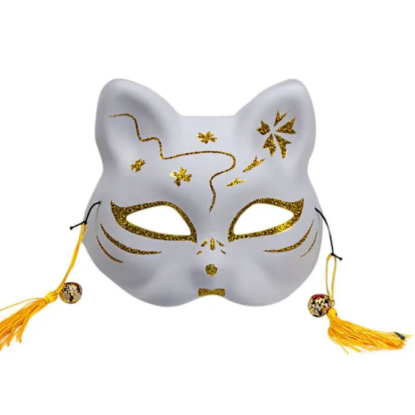15,5x18cm Handmålad Vit KörsbärsKatt Svart Räv Halloween Japansk Stil Vindmask Guldpulver Festklädsel Mask D