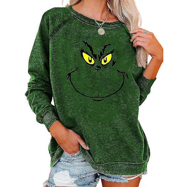Kvinnor Christmas The Grinch Print T-shirt Casual Loose Sweatshirt Xmas Crew Neck Pullover Tops Dark Green L