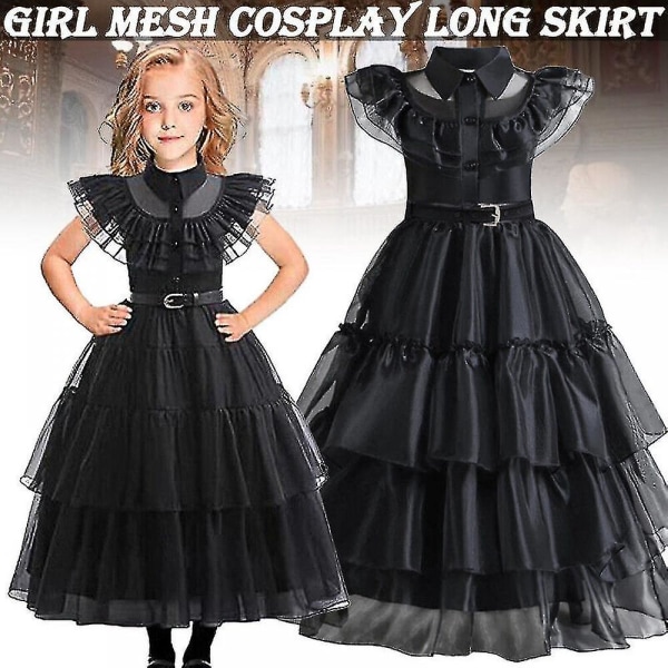 Barn Flickor Onsdag The Addams Family Costume Halloween Klänning Födelsedagsfest Dress Belt Wig 120cm