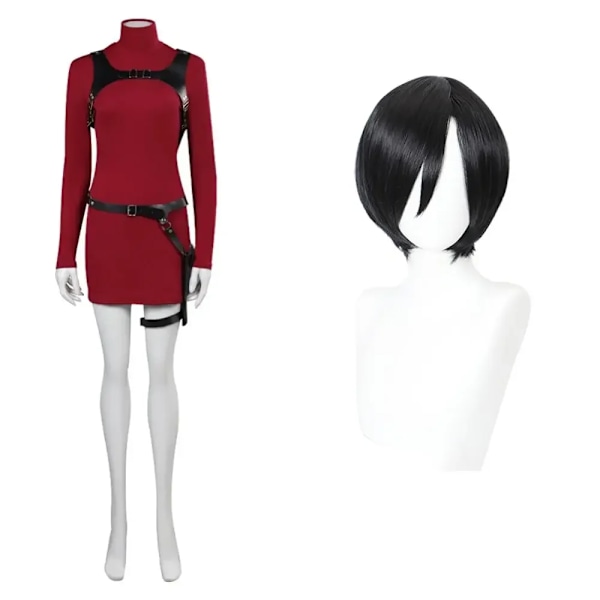 Kvinnlig Resident 4 Ada Wong Cosplay Kostym Evil Klänning Outfits Fantasia Halloween Karneval Maskeraddräkt För Vuxna Kvinnor Flickor XL Dress Belt Wig