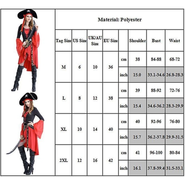 Kvinnor Pirate Caribbean Swashbuckler Buccaneer Kvinnor Cosplay Party Kostym Hatt+klänning+bälte Outfits Set Presenter XL