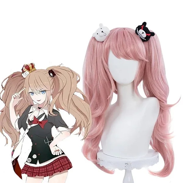 Anime Danganronpa Enoshima Junko Cosplay Kostym Uniform Cafe Arbetskläder Kort Kjol Dubbel Svans Fläta Peruk Halloween Kostym L only wig