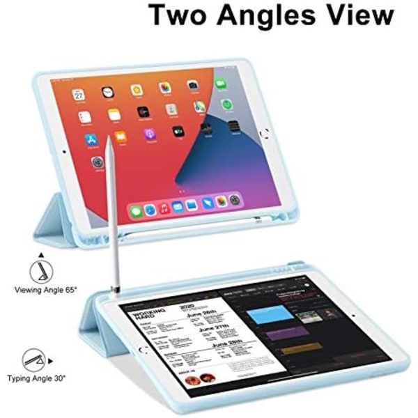 GHINL iPad 9:e/8:e/7:e generationens case (2021/2020/2019) iPad 10,2- case med pennhållare [Sömn/vakna] Smal mjuk TPU baksida Smart Magneti Sky Blue