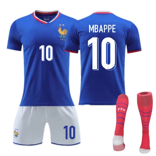 Europeiska cupen franska hemmatröja 2024 barn vuxen set nr 10 Mbappe fotbollströja numberofsocks+protectivegear 22