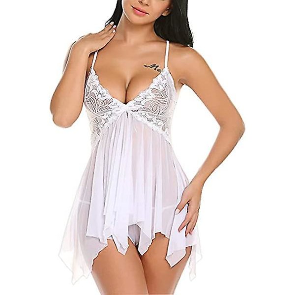 Damunderkläder Set Mjuk Babydoll Spetskopp Sling Nattkläder Mesh Chemise Sovkläder Klänning White S