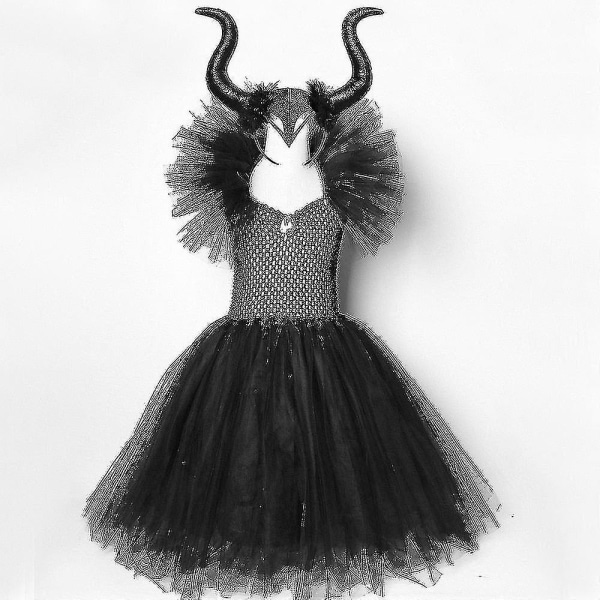 Halloween Kostymer Barn Flickor Svart Klänning Ankellängd Klänningar Devil Kostym Cosplay Outfits Horns Wings Dress with horns 9y