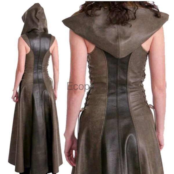 Ny kvinnlig bågskytte cosplay-dräkt i konstläder med huva, snörning, lång klänning, Halloween-maskerad, medeltida krigardräkt för kvinnor XXL Brown