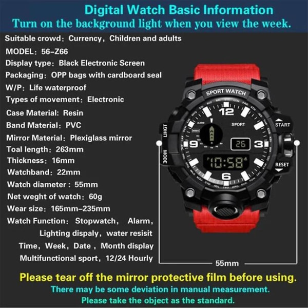 Vattentät watch El Light 12/24 timmars väckarklocka Watch Red