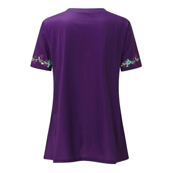 Kvinnor Boho blommig kortärmad V-ringad T-shirt Casual Tops Tee Purple M