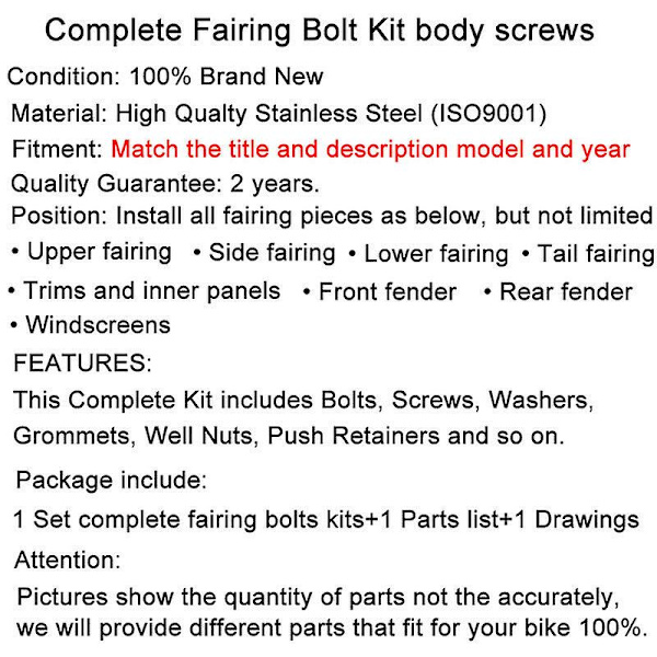 Passar för Honda Vfr800 1998-2001 Vfr 800 Motorcykeltillbehör Komplett komplett kåpa bultar Kit Rostfritt stål kåpa Clips Muttrar Silver